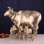 Pure Brass Large Gomatha (Cow) Statue Protecting Her Calves - Symbol of Nurturing Divinity & Motherhood